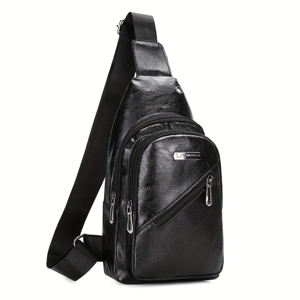 Men's PU Leather Crossbody Bag With Earphone Hole, Large Capacity Chest Bag, Multifunction Diagonal Shoulder Bag