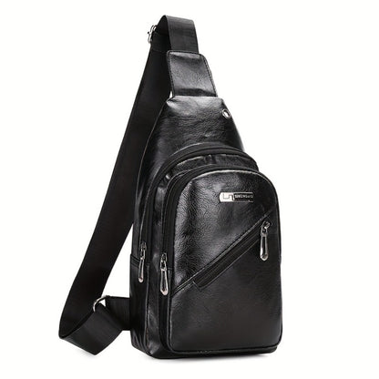 Men's PU Leather Crossbody Bag With Earphone Hole, Large Capacity Chest Bag, Multifunction Diagonal Shoulder Bag
