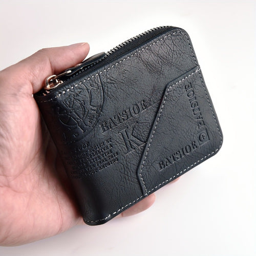 1pc Faux Leather Wallet for Men - Premium Retro Letter Embossed Design, Multiple Credit Card Slots, Zipper Closure, Stylish Gift for Gentlemen