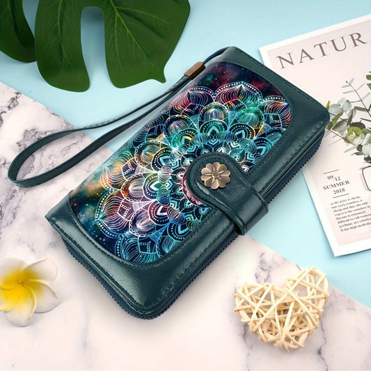 Women'S Vibrant Mandala Print Multi-Compartment Wallet With Zipper Closure, Large Capacity For Cards, Coins, And Phone - Stylish Faux Leather Design With Floral Accent, Travel Wallet |Decorative Zipper Closure|Durable Synthetic, Large Wallet Purse