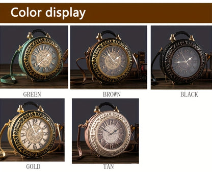 Women's Retro Steampunk Handbag with Clock Face - Battery- Crossbody Bag, / Suitable for Outfits, Themed Events & Daily Use, Zipper Closure Shoulder Purse,