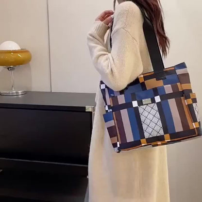 Fashionable Large-Capacity Geometric Handbag - Lightweight Nylon Shoulder Bag, Black, White And Grey Checkered Patterns, Foldable And Multi-Functional, Suitable for Daily Use, Casual Handbag | Modern Casual Bag | Foldable Handbag