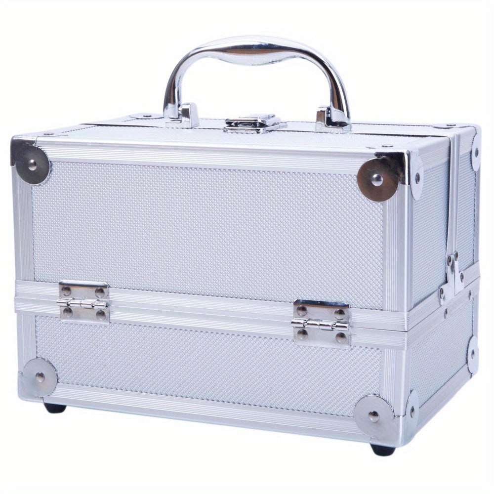 Aluminum Makeup Case - Train Case Jewelry Box Cosmetic Organizer with Mirror & Trays, Handheld Makeup Case with Handle