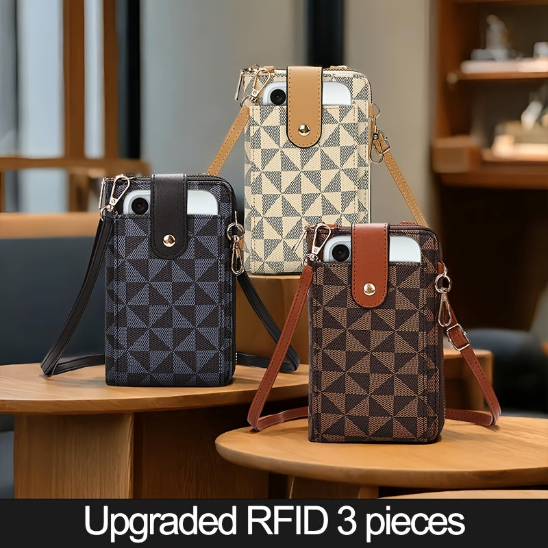 Women's Compact Crossbody Phone Wallet - Adjustable Strap, Outdoor Leisure Multi-Purpose Bag with Multiple Credit Card Slots & Zipper Closure, Blue & Brown Geometric Pattern, Durable Mini Shoulder Bag for Everyday Essentials, Perfect Valentine's Day Gift,