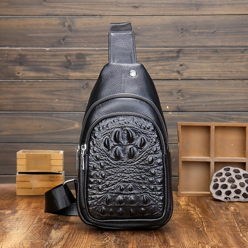 1pc Crocodile Pattern Sling Bag - Unisex Versatile Travel Backpack - Men'S Chest Bag With Headphone Jack Hole - Multiple Compartments Adjustable Brown Chest Bag - Shoulder Bags Gifts For Travel, Sports & Camping, Stylish Zipper Closure