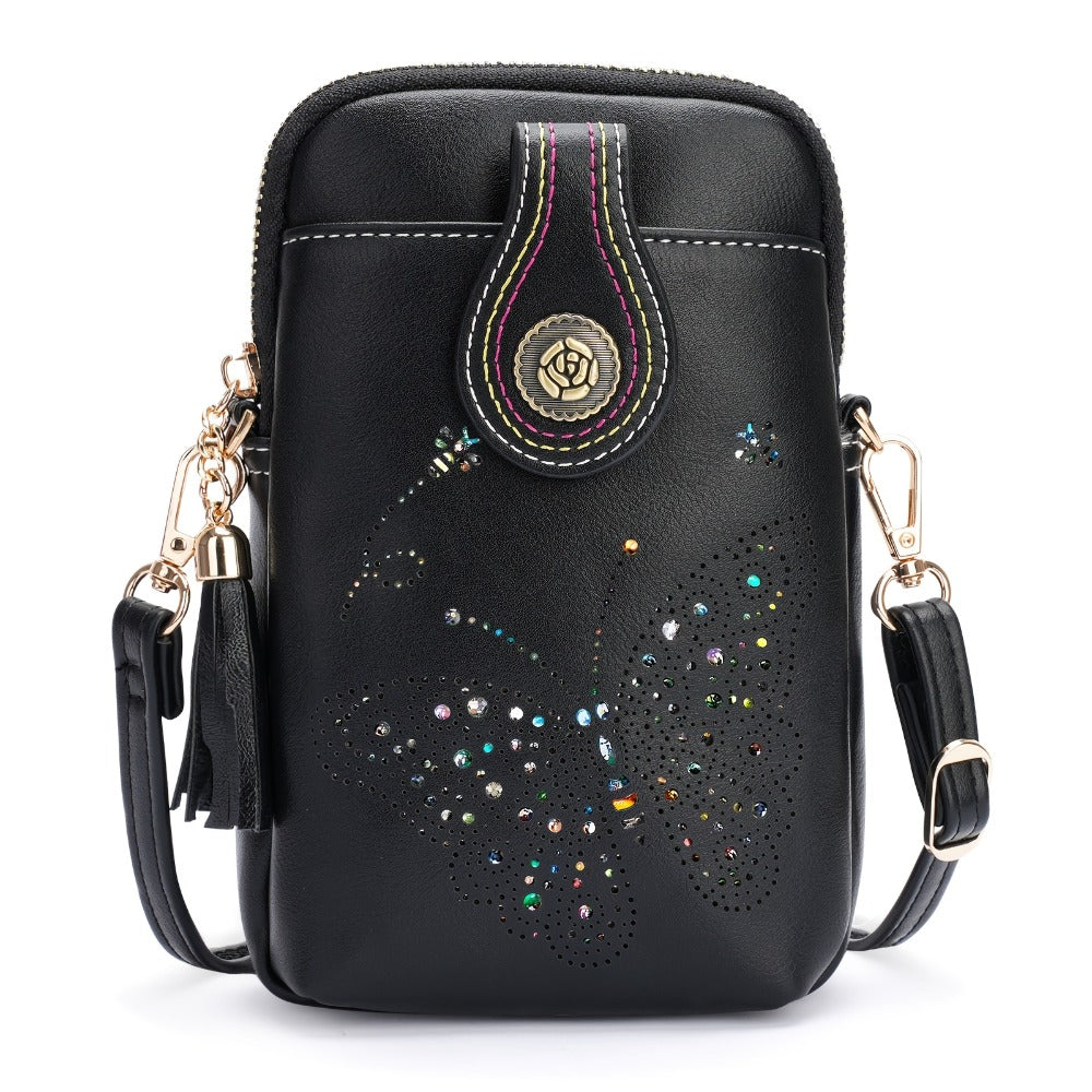 1pc APHISON Elegant Butterfly Print Crossbody Bag For Women, Lightweight Faux Leather Mini Cell Phone Purse With Adjustable Strap And Tassel Detail, Animal Theme, Zip Closure, Anti-Fade, Faux Leather Lining PU Shoulder Tote Bag Gift For Mom Zipper