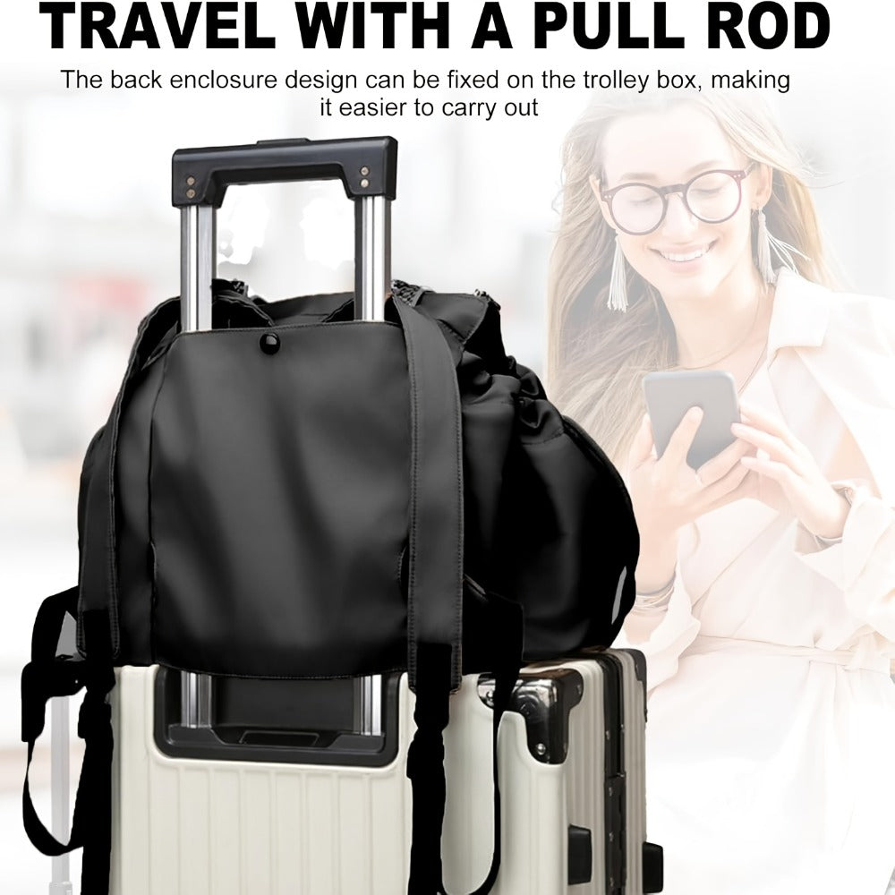 1pc Spacious Nylon Shopping Bag | Lightweight Foldable Travel Handbag with Multiple Pockets, Adjustable Shoulder Strap, Zipper Closure, and Folding Water Cup - Perfect for Camping and Travel
