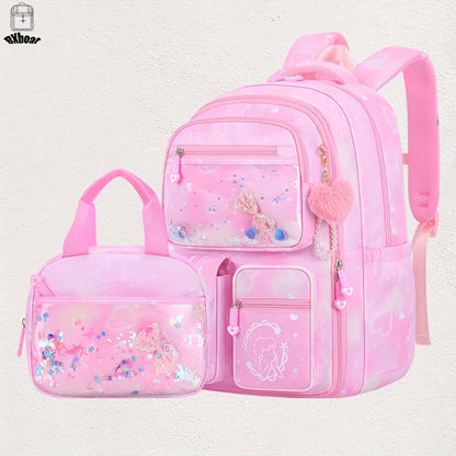 2pcs Bxboat Large Capacity Girls' Backpack with Lunch Box Pocket & 15.6" Laptop Compartment - Cute Bowknot Design, Multiple Pockets, Durable Fabric School Backpack for Teen Girls, Travel & Outdoor (Pink & Blue), Girls' Backpack, for Teenager