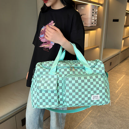 2pcs Checkered Travel Duffel Bag with Makeup Bag for Women Fordable Gym Bag Carry On Weekender Bag with Shoe Compartment