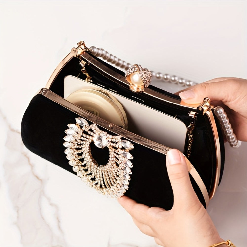 Sophisticated Evening Clutch Made of Velvet, Adorned with Rhinestones And Featuring a Pearl Handle, Perfect for Weddings, Parties, And Formal Dinners