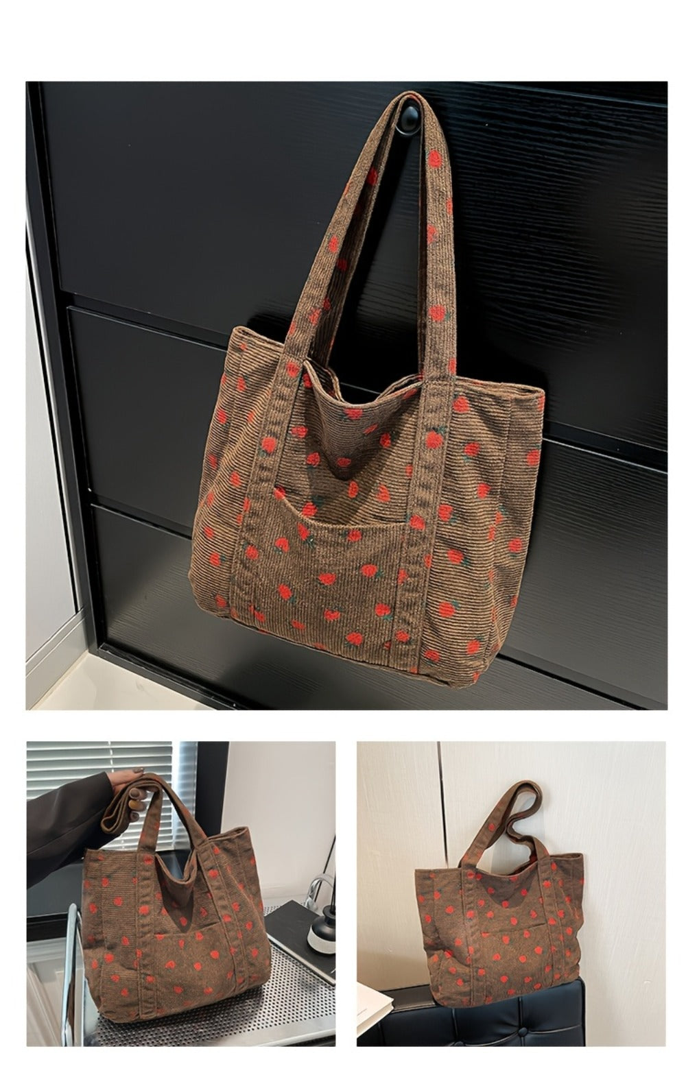 Women' Large Capacity Corduroy Tote Bag with Strawberry Pattern - /// Casual Handbag, Zipper Closure & - Corduroy Shoulder Bag for, Travel, Shopping