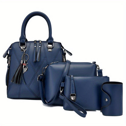 2026 4pcs Set PU Minimalist Style Women's Bag Set, Lightweight Women's Shoulder Bag, Large Capacity Women's Crossbody Bag Tote Bag with Cat Tassel Decoration, Suitable As A Gift, Game Day Bag, Football Fan Gear for All Fans