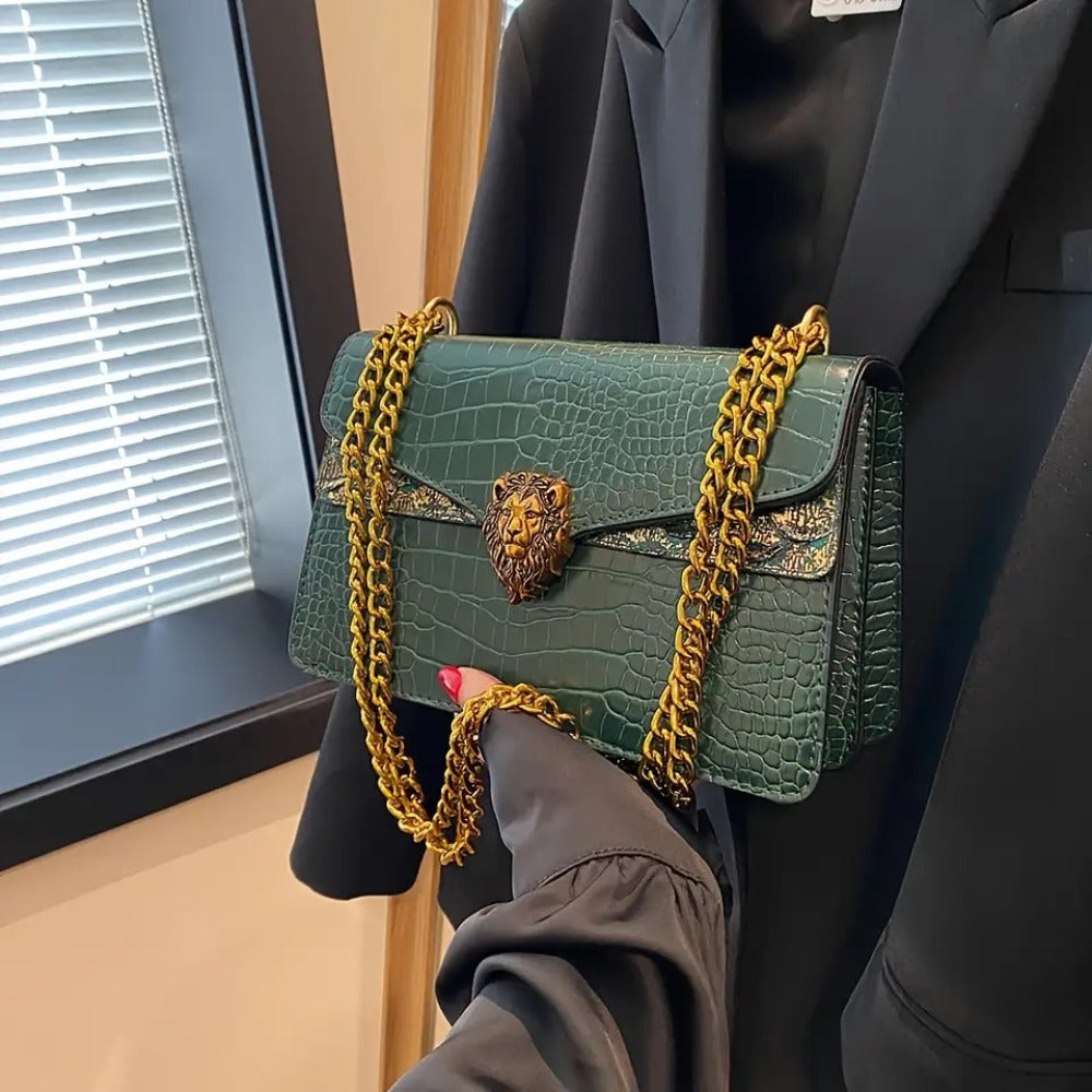 2025 New Women'S Crossbody Bag with Golden Chain And Animal Headdress- Small Square Shoulder Bag, Urban Fashion Buckle Closure Design, Suitable for Casual And Formal Looks, Multifunctional Accessory, High-End Elegant Handbag, Fashion Item