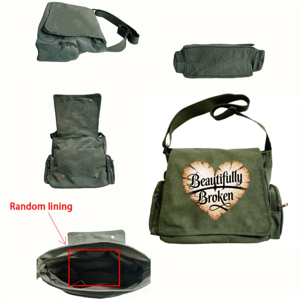 A Spacious Ladies' Shoulder Bag with a Flip-Top Design, Featuring a Vintage Style And a Heart-Shaped Crack Pattern Adorned with The Phrase 'Beautifully Broken'. It'S Perfect for Everyday Use And Travel