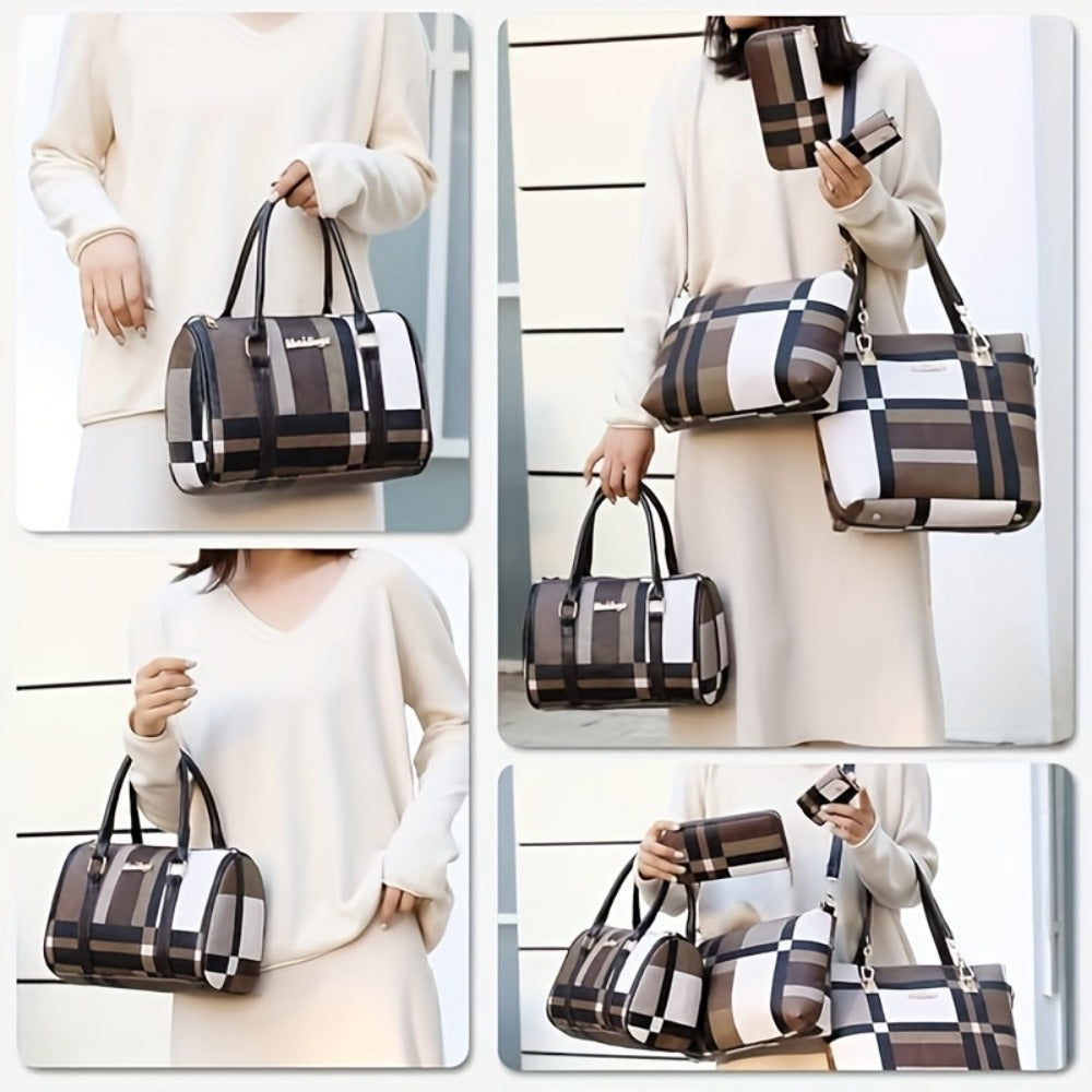 [Best Birthday Gifts] 6pcs Fashionable And Versatile Women's Bag, Trendy Contrasting Color Large Capacity Handbag Bag, Checkered Tote Bag, Shoulder Crossbody Bag, Coin Purse, The Stripes Are Random, Suitable For Any Outdoor Scene For Best Birthday Gifts