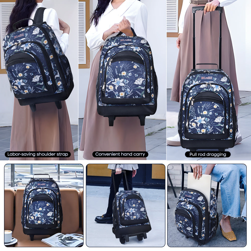 20 Inch Travel Rolling Backpack with Retractable Handle,Large Capacity Backpack with Wheels for Women & Men,Printing Travel Trolley Suitcase Bag for Weekend, School, Overnight, Work