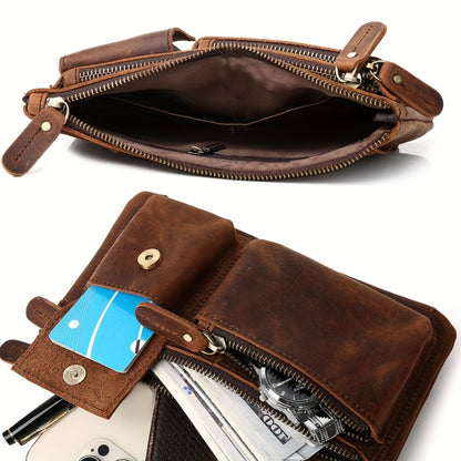 Stylish Retro Authentic Leather Hip Bag, Slim Phone Pouch, Vintage Crossbody Purse