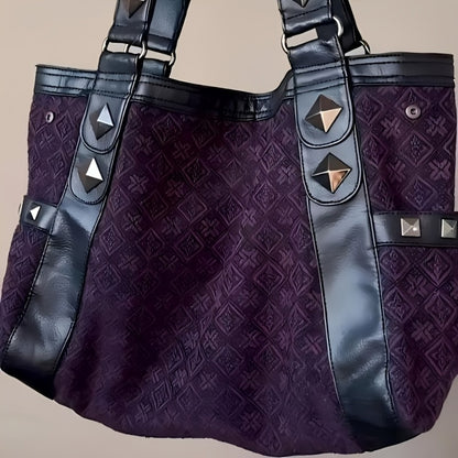 Genuine Hello Kitty Vintage Purple Tote Bag Featuring Black Accents - Y2K Gothic Aesthetic, Sturdy Nylon, Zipper Fastening, Multi-Functional Underarm Tote, Daily Use Tote Bag | Gothic Design Bag | Metal Earring Details, Retro Tote Bag