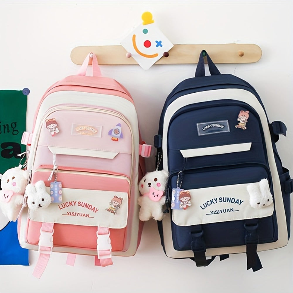 5pcs Solid Color Backpack, Women's Travel Bag, Large Capacity Backpack, Simple Tote Bag, Pencil Case, Casual Crossbody Bag, Lightweight Student Shoulder Bag