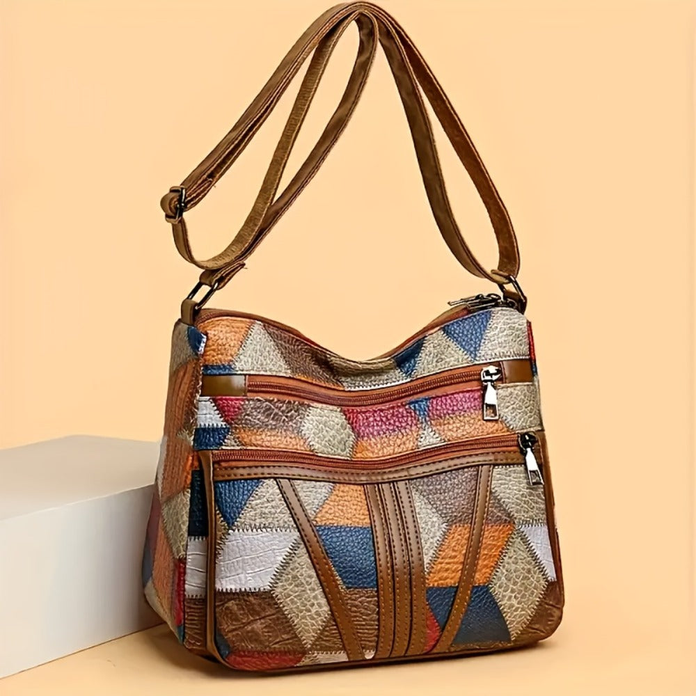 2pcs Set: Geometric Splicing Bag+premium Keychain, Women's Crossbody Bag, Large Capacity Imitation, Ethnic Style Shoulder Strap Embellishment, Daily Travel Handbag, Retro Style Shoulder Bag, Occasion Theme, Multifunctional Car Keychain