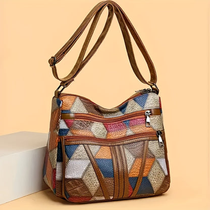 2pcs Set: Geometric Splicing Bag+premium Keychain, Women's Crossbody Bag, Large Capacity Imitation, Ethnic Style Shoulder Strap Embellishment, Daily Travel Handbag, Retro Style Shoulder Bag, Occasion Theme, Multifunctional Car Keychain