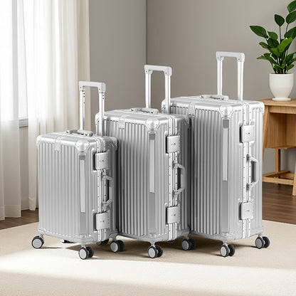 Multifunctional Aluminum Alloy Frame Suitcase, ABS+PC Material Suitcase, Scratch-resistant And Wear-resistant. Foldable Cup Holder And Side Stand Foot Hook, TSA Customs Password Lock. Universal Wheel, Internal Compartment And Compression Belt Design