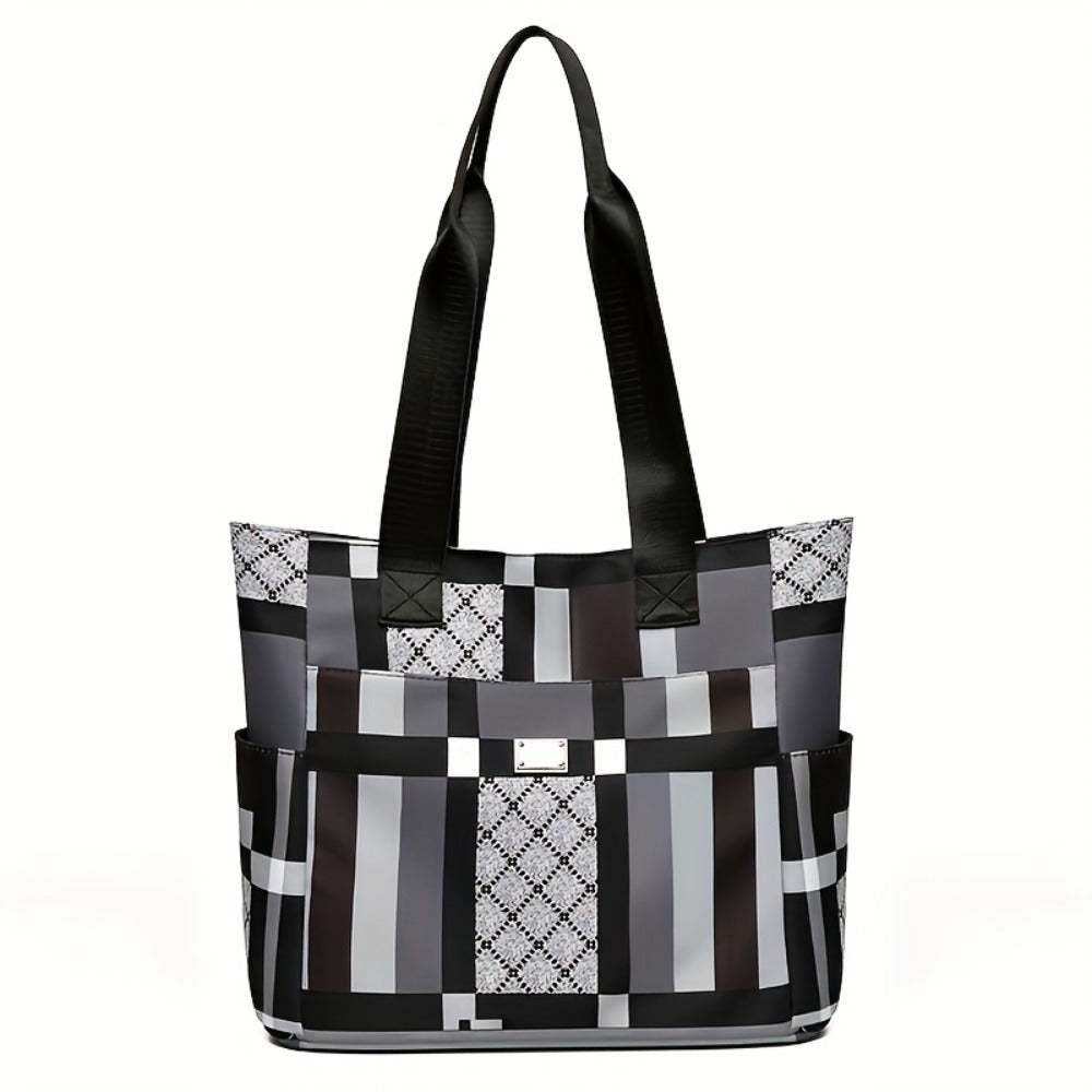 Fashionable Large-Capacity Geometric Handbag - Lightweight Nylon Shoulder Bag, Black, White And Grey Checkered Patterns, Foldable And Multi-Functional, Suitable for Daily Use, Casual Handbag | Modern Casual Bag | Foldable Handbag