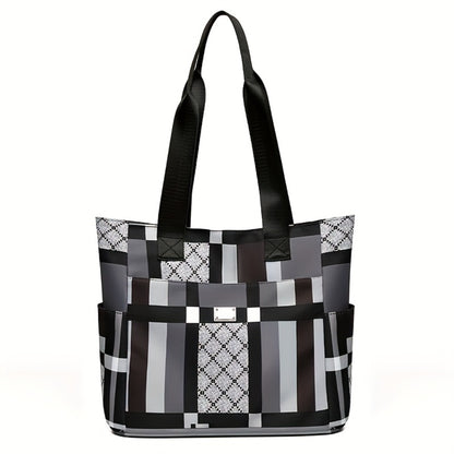 Fashionable Large-Capacity Geometric Handbag - Lightweight Nylon Shoulder Bag, Black, White And Grey Checkered Patterns, Foldable And Multi-Functional, Suitable for Daily Use, Casual Handbag | Modern Casual Bag | Foldable Handbag