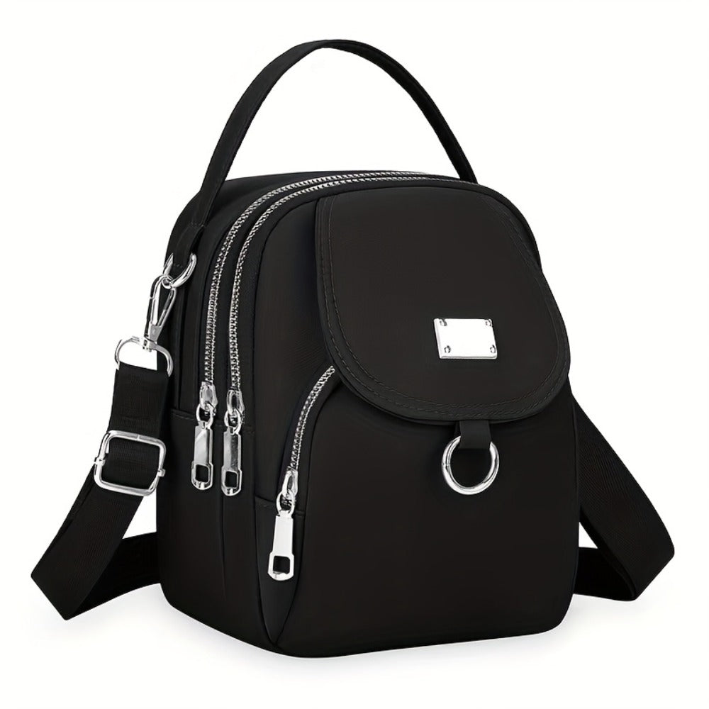4 Colors Lightweight Nylon Women's Messenger Bag - Casual Mini Handbag with Multi-Zipper Compartments, Detachable Adjustable Shoulder Strap & Metal Rings, Available in Lavender, Black, Dark Purple, Grey, Brown, Sapphire Blue, Small Crossbody Bag, Versatil
