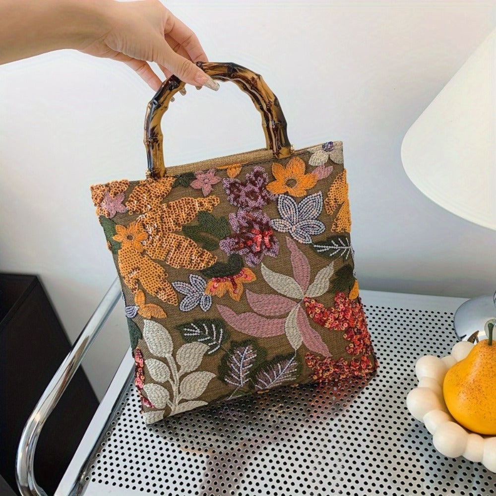 [Retro Bamboo Tote] Premium Retro Bamboo Tote Bag | Women's Hand Carry Heavy Industry Embroidery Color Sequins Tide Dinner Bag