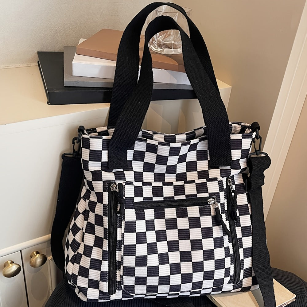 Checkerboard Tote Bag, Fashionable Commute, Versatile Large-Capacity Handbag, Casual Corduroy Shoulder & Crossbody Bag.
