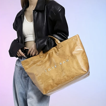 Women'S High Quality PVC And Wrinkle Paper Transparent Handbag - Large 13.2-Inch Transparent Shoulder Bag with 2 Compartments, White Letter Printed Design, Suitable for Work, Travel, Beach, And Daily Use, High Quality Bag