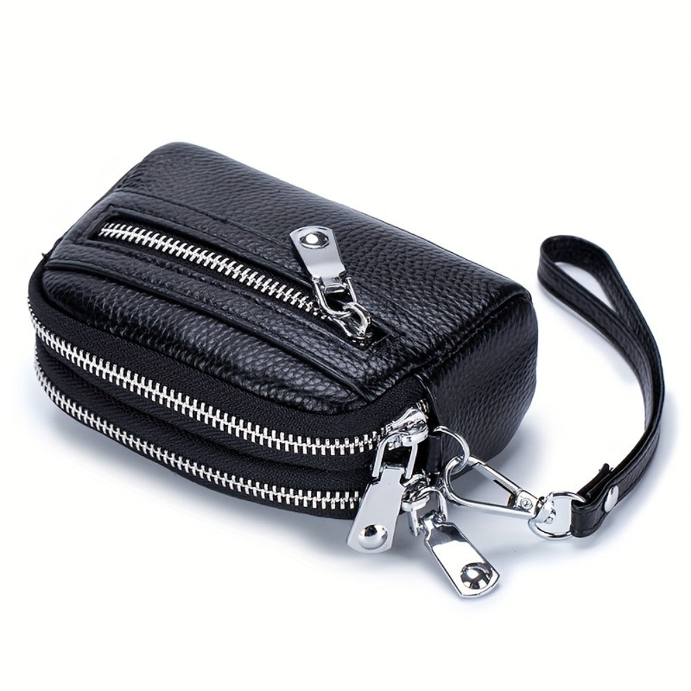 Coin Purse for Women Genuine Leather Small Triple Zipper Coin Wallet Pouch with Removable Wristlet Strap