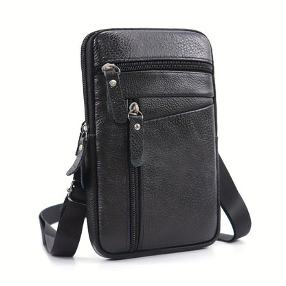 Men's Genuine Leather Sling Bag Belt Pack with Multi-Layer Crossbody Waist Pack Suitable for Daily Use, Outdoor Travel & Business - Adjustable Strap, Secure Zipper Closure, Hands-Free Carry - Top Layer Cowhide ()