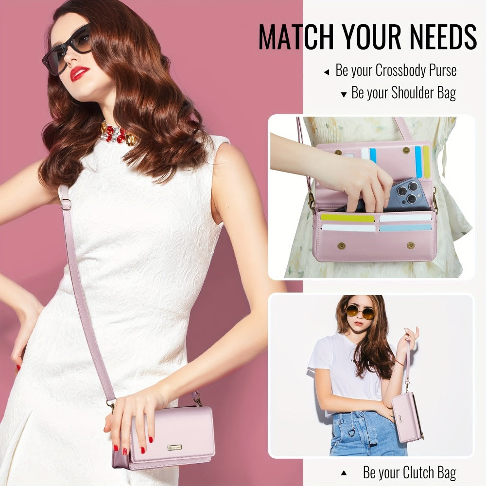 Crossbody Cell Phone Wallet for Women, RFID Blocking Multi Card Slots with Detachable Wristlet Shoulder Strap Zipper Pocket