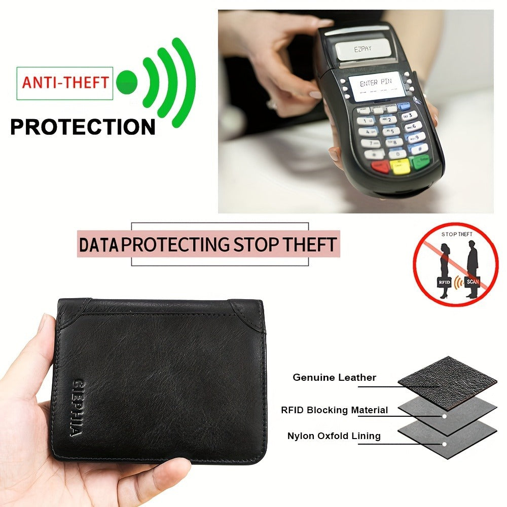 1pc Men's Genuine Leather Zipper Wallet, Top Layer Cowhide RFID Blocking Wallet, Vintage Multi-functional Wallet with 2 ID Card Windows, Ideal Gift for Men