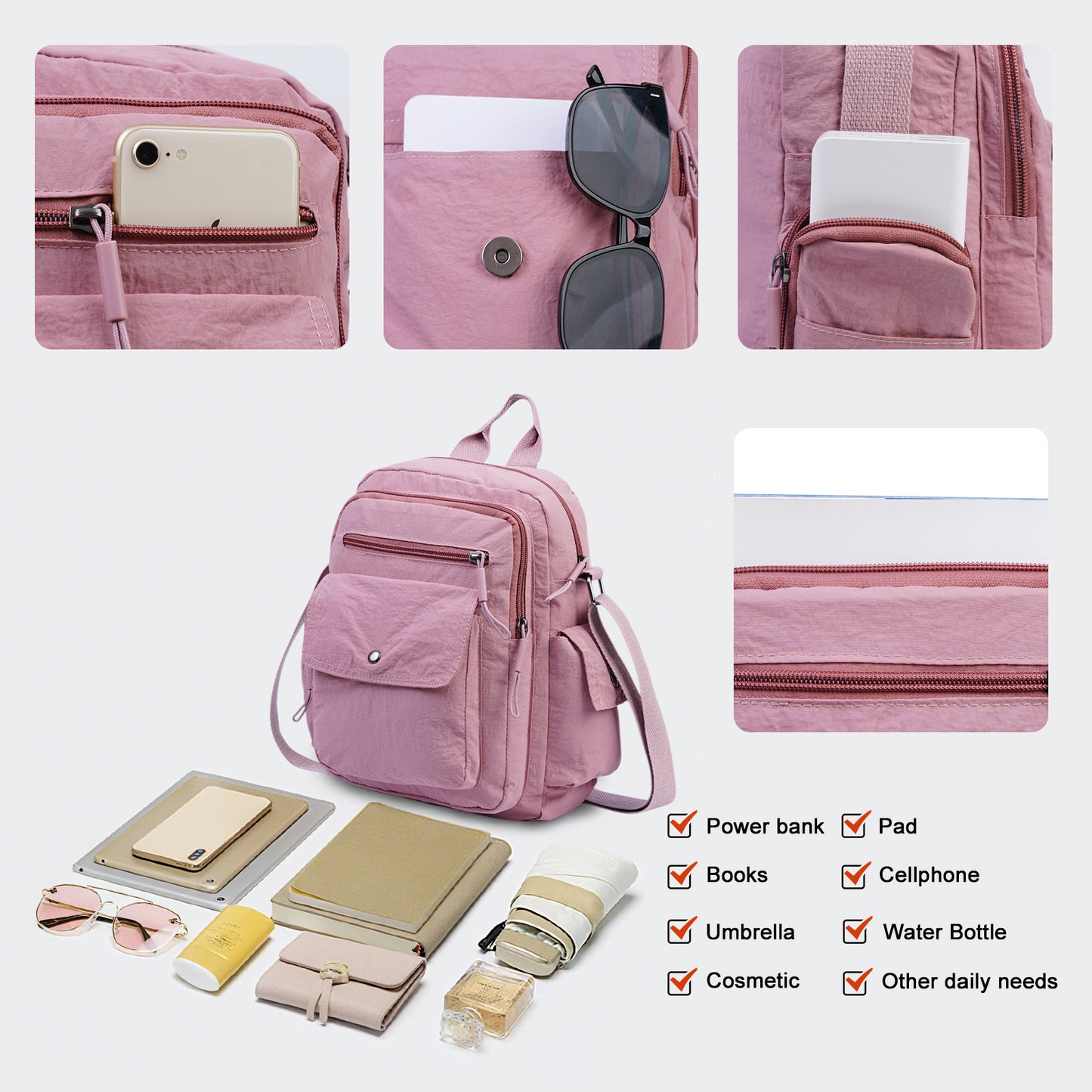Large 2Pcs/ Set Women's Lightweight Quilted Nylon Backpack Purse, Multi-Pocket Shoulder Handbags for Everyday Use, Travel