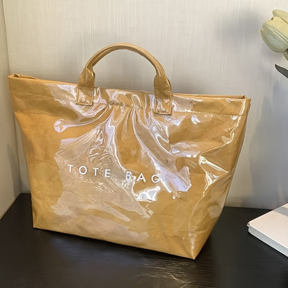 Women'S High Quality PVC And Wrinkle Paper Transparent Handbag - Large 13.2-Inch Transparent Shoulder Bag with 2 Compartments, White Letter Printed Design, Suitable for Work, Travel, Beach, And Daily Use, High Quality Bag