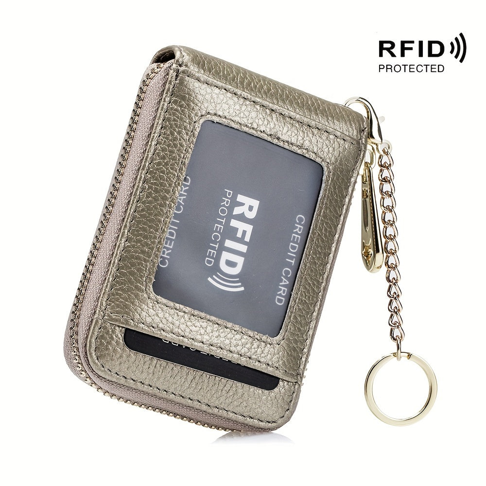 RFID Blocking Credit Card Holder Wallet With Keychain & ID Window Small Leather Zipper Card Case For Women (Vertical 12 Slots)