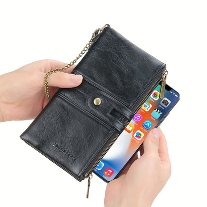 Men'S Rfid-Blocking Bifold Wallet with Anti-Theft Chain, Double Zipper, Secure Handbag, Coin Pocket, And ID Window - Perfect Gift