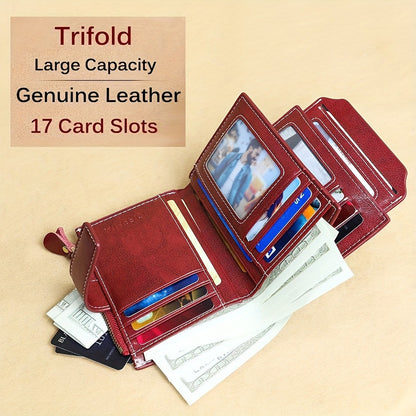 Fashion Genuine Leather Wallets for Women RFID Blocking Wallet Bifold Card Holder with ID Window Zipper Coin Pocket