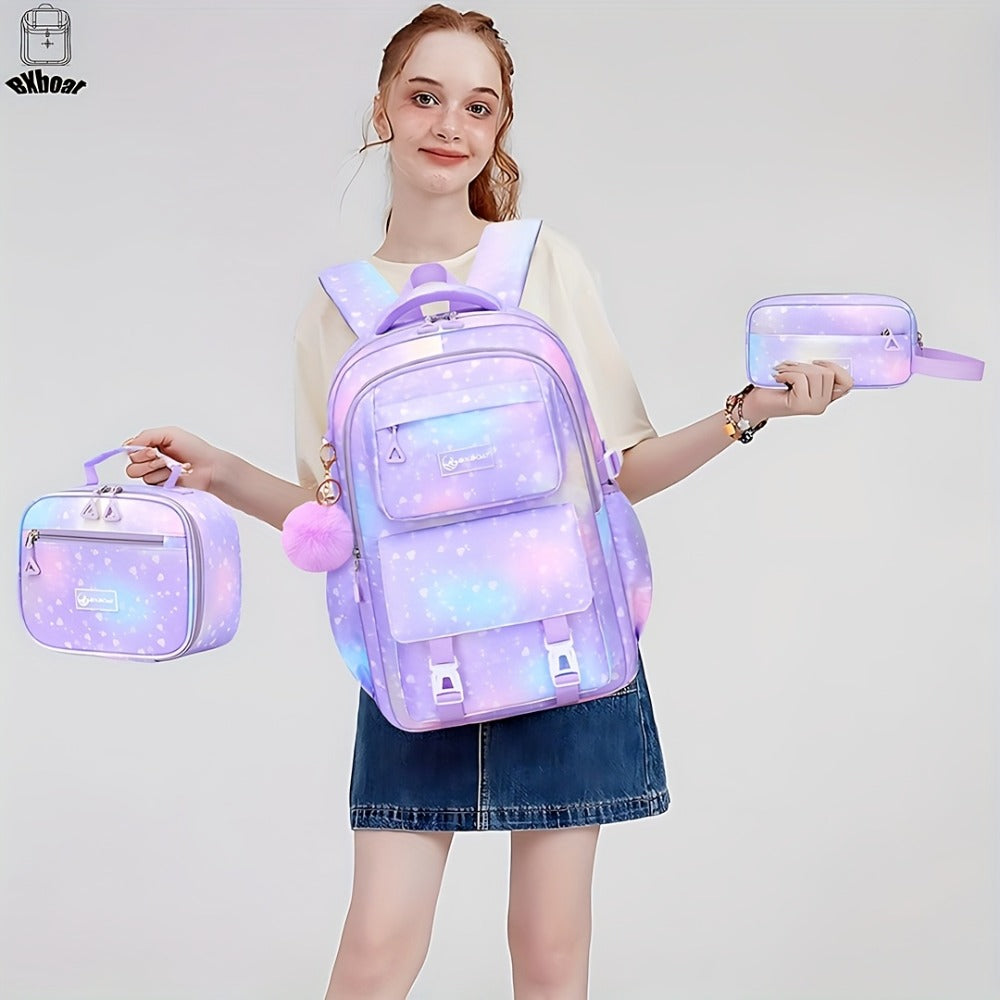 3pcs Girls' Large Capacity School Backpack with Lunch Box Holder & Pencil Case Suitable for Back to School, 15.6” Laptop Compartment, Adjustable Straps, Multi-Pocket Bookbag for Travel, Lunch Storage, Pencil for School Daily Use