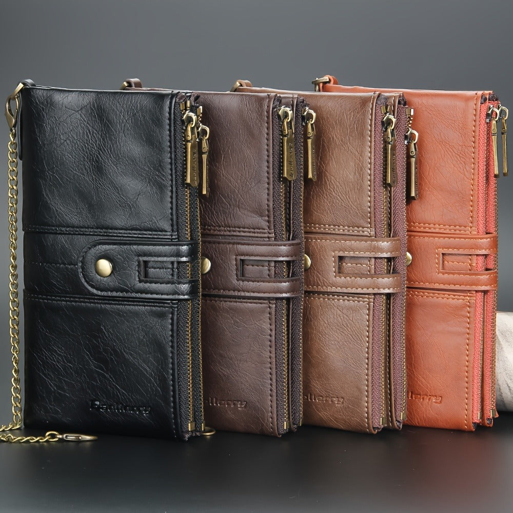 Men'S Rfid-Blocking Bifold Wallet with Anti-Theft Chain, Double Zipper, Secure Handbag, Coin Pocket, And ID Window - Perfect Gift