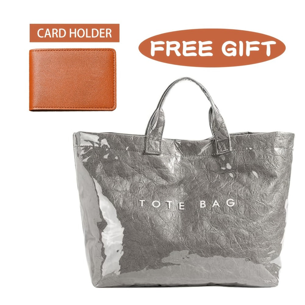 PVC Tote Bag for Women Large Plastic Tote Bag for Work Letter Print Hobo Bag Kraft Paper Work Handbags Purses Beach Vacation Tote Bag
