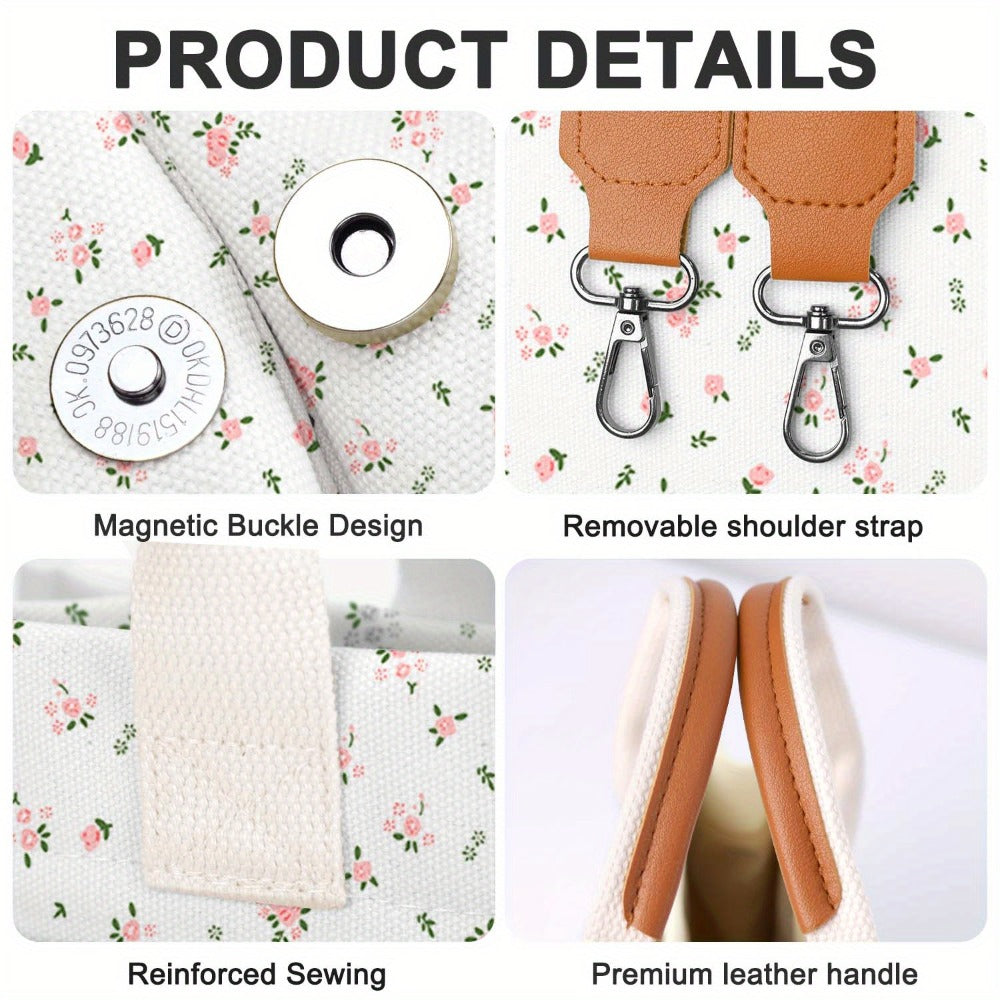 Women's Tote Bag with Zipper Closure, Large Capacity & Individual Compartments, Detachable Strap & Bottom, Vibrant Flower Print Multi-Purpose for Travel, Work, College, Shopping Ideal Gift (White, Pink, Gray, Blue, Brown), Versatile Carryall