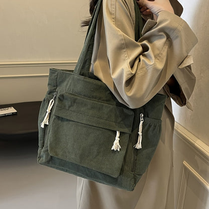 Spacious And Trendy Shoulder Bag for Women, Crafted from Corduroy Fabric. an Essential Addition to Your Wardrobe, It Includes Small Inner Pockets, a Zipper Closure, a Chic Minimalist Design for Underarm Wear, And Elastic Side Pockets