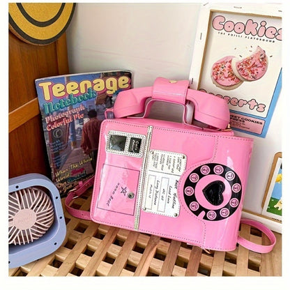 Creative And Stylish PU Glossy Chic Retro Telephone-Shaped Cross Body Bag For Women - Fashionable Simulated Body Bag, Irregular Bag, Shoulder Purse, Comb Bag, Available In Black, Red, Pink. A Perfect Birthday Gift For Your Best Friend Or Family