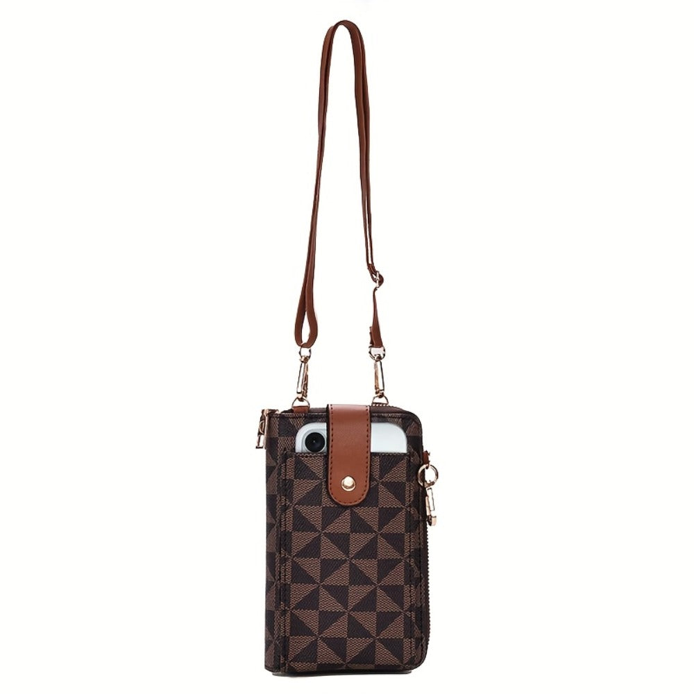 Women's Compact Crossbody Phone Wallet - Adjustable Strap, Outdoor Leisure Multi-Purpose Bag with Multiple Credit Card Slots & Zipper Closure, Blue & Brown Geometric Pattern, Durable Mini Shoulder Bag for Everyday Essentials, Perfect Valentine's Day Gift,