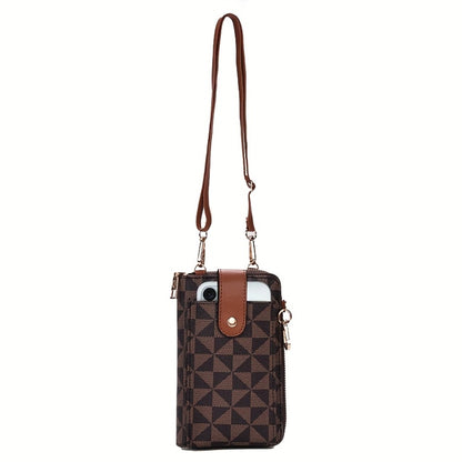 Women's Compact Crossbody Phone Wallet - Adjustable Strap, Outdoor Leisure Multi-Purpose Bag with Multiple Credit Card Slots & Zipper Closure, Blue & Brown Geometric Pattern, Durable Mini Shoulder Bag for Everyday Essentials, Perfect Valentine's Day Gift,