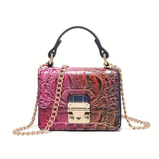 Stylish Crocodile Print Shoulder Bag for Women - Vibrant Pink Gradient Design with Golden-Tone Hardware, Detachable Chain Strap & Black Handles